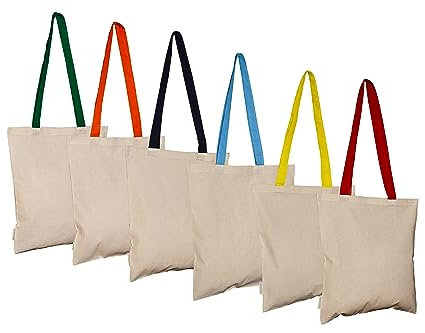 CLAMATO set di 6 Tote bag manici colorati - Borsa di Tela 38x42 cm, Manici 75 cm, 130g/m² (6, Multipack)