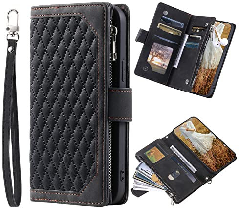 Wuhaizher iPhone 15 Phone Case Zipper Pocket Flip Shockproof Leather Folio Wallet Case with 6 Card Holder Slots Stand Silicone Bumper Zip Cover for iPhone 15 Case Girls Women, Black