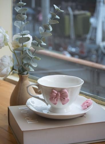 Hosoncovy Tasse à café avec assiette et nœud en céramique avec dessous de verre - Ensemble de tasses à thé pour café, cacao, thé, boissons (rose)