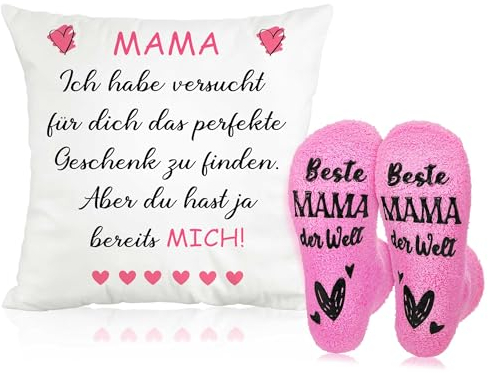 Panelee Geschenk Set für Mama inklusive 1 Stück 45 x 45 cm Mama Kissenbezug und 1 Paar Beste Mama Socken Geschenke für Mutter zum Geburtstag Muttertag Geschenkideen