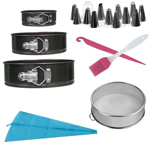 Crystals 20Pcs Round Cake Tins for Baking Set Includes 3 x Round Cake Mould Tin - 4 7 9, 1 x Flour Sieve, 12 x Piping Nozzles, 1 x Oil Brush, 1 x Knife, 1 x Piping Bag - Loose Bottom Cake Tins