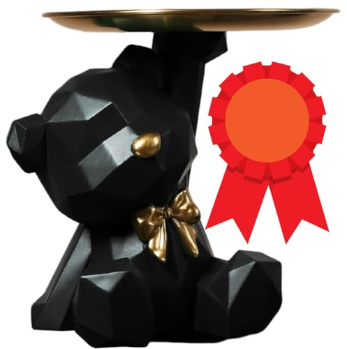 BLOOOK Statue Skulptur,Bär Figur Dekorative Tablett,Bären Skulpturen mit Dekotablett,Teddy Bär Deko Figuren Schlüsselschale,Dekoschale für Dessert Kosmetik Schmuck Kerzen (Schwarz (B))
