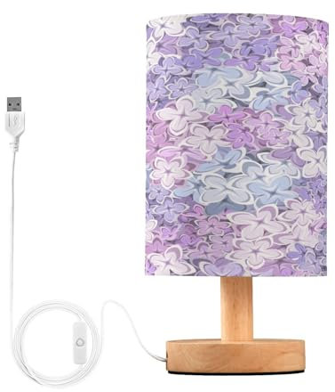 BOESI Lampada da tavolo floreale lilla viola, lampada da comodino con base in legno e cavo USB per camera da letto, soggiorno, E08D23010