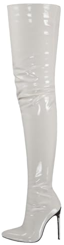 FGRID Stivali alti alla coscia donna in pelle verniciata, tacchi a spillo sexy sopra il ginocchio, stivali lunghi sera con cerniera laterale in PU a punta di grandi dimensioni,Bianca,40
