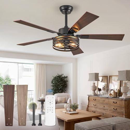 Fanbulous Farmhouse Caged Ceiling Fans with Lights and Remote, 48 Black | 6 Speed Reversible Quiet DC Motor, Dual Finish 5 Blades for Living Room Kitchen Bedroom