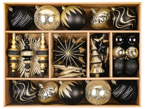 SHareconn 80pcs 4-12.5cm Christmas Baubles Set, Shatterproof Plastic Gold Baubles for Christmas Tree Decorations, Holiday Party Decorations, with Hanging String, Black Gold