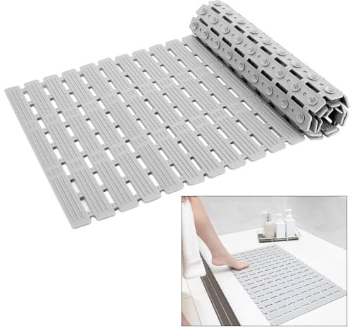 Litinliv Tapis de Baignoire Antidérapant, 90 x 40 cm Tapis de Douche avec Ventouse, Tapis de Bain Antifongique, Tapis de Bain Anti Glisse, Accessoires Tapis Salle de Bain, Gris