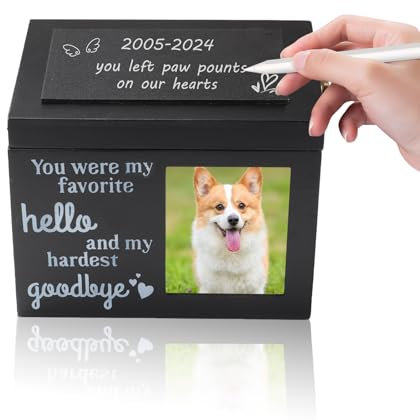 Yallmie Urnas para Cenizas de Mascotas, 19 * 14 * 13cm Urnas de Cremación Funerarias de Madera con Marco de Fotos y Cerradura, Urna Cenizas Perro Personalizadas con Pizarra, Regalo Conmemorativo