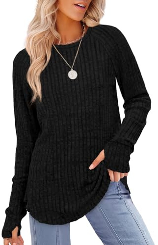 Aokosor Ladies Jumpers for Women UK Long Sleeve Tops with Thumbholes Ladies Tunic for Leggings Lightweight Curved Hem Size 10-12 Black