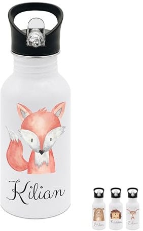 wunderwunsch® - Personalisierte Trinkflasche Kinder Edelstahl [ 500ml ] - Robuste Trinkflasche mit Namen - Wasserflasche mit Trinkhalm - Personalisierte Geschenke für Kinder (Fuchs)