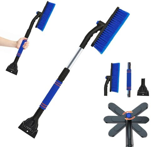 Xiujuers 3 in 1 Raschietto Ghiaccio Auto, Spazzola da Neve Retrattile, Rotazione di 360 Gradi Raschiaghiaccio Auto, Snow Brush Scraper di Ghiaccio Rimovibile, Adatta per Auto, Camion e SUV (Blu)