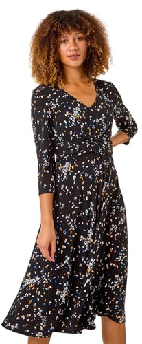 Roman Originals Fit and Flare Dress for Women Ladies Chest Twist Knot Ruched Tea Skater Empire Waist Wedding Guest Smart Casual Swing Midi 3/4 Long Sleeve Knee Length - Onyx Multi - Size 18
