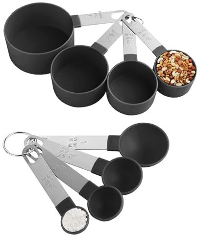 Messlöffel set, 8 Stk Messbecher und Löffel Set, mit 4 Measuring Cups und 4 Löffel, Measuring Cups and Spoons Set aus Kunststoff, mit Edelstahlgriffen, für Küche Kochen Backmessen, Schwarz