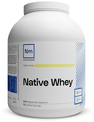 Nutrimuscle Whey Native 2.25 kg Vanille - Protéine Whey jusqu'à 94% de concentré de protéines natives - 21,9 g de Protéines par dose - Lait français - Musculation et Fitness - Prise de Muscle