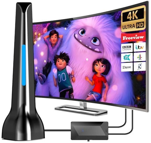 High Gain Freeview TV Aerial - Digital HDTV Aerial Indoor Outdoor with Signal Booster Amplifier, 250+ Miles Range HDTV Antenna for Local Channels, Support 4K 1080P VHF/UHF/DAB Radio and All TV