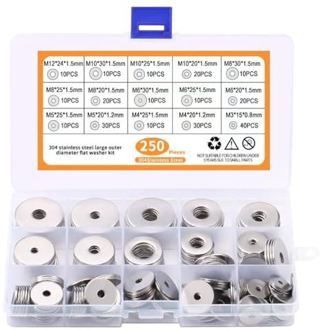 Toumdafine unterlegscheiben 250 Stück，unterlegscheiben set15 Größen,304 Edelstahl Flach und Sicherung scheiben Sortiment Set(M3 M4 M5 M6 M8 M10 M12),für Schrauben,Muttern,Gewindestange.