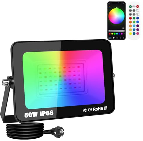SKYWORLD 1x Foco LED RGB Exterior, 50W 5000 LM Proyector Led RGBW Colores | con Enchufe, APP Remoto Control, Multicolor, Minutero, Impermeable, Iluminación para Fiesta Terraza Jardin Decoración