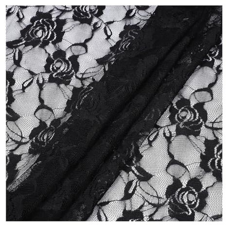 AMateschitz 150cm Breit Spitzenstoff Vintage Rose Spitze Stoff Stretch Gestickte Blumenstoff Weiches Blume Spitzen Tüll Stoff Meterware, für Nähen Bekleidung Hochzeitskleid Party DIY Schwarz 1 Yard