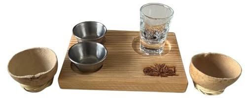 Premium Mezcal & Tequila Tasting Set – Pine Wood Tray with Jicaras, Shot Glass & Stainless Steel Salseros – Artisanal Mezcal Gift Set for Spirits & Tastings (Natural)