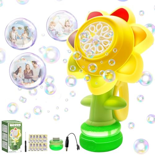Seifenblasenmaschine für Kinder, Automatische Blasenmacher, Wiederaufladbare Tanzende Sonnenblumen Seifenblasenmaschine, Glühende luftblasen Maschine, Bubble Machine für Hochzeit Geburtstag Party