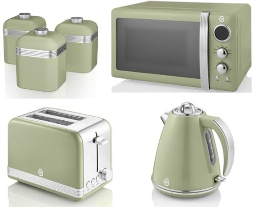 Swan Retro Green 1.5L 3KW Jug Kettle, 2 Slice Toaster, 800W 20L Digital Microwave and Tea, Coffee, Sugar & Canisters. Retro Design Matching Kitchen Set of 6 in Green