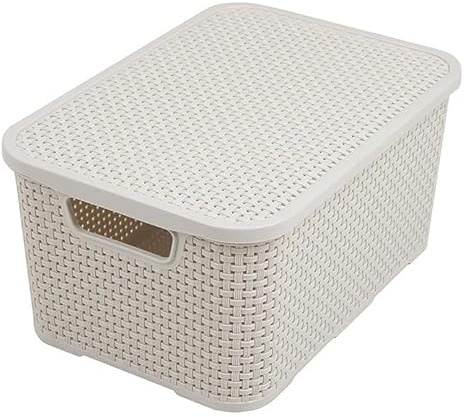 Rattan Effect Storage Handy Basket Box Plastic With Lid Kitchen Bathroom Stackable Organize Decorative (White, 19L (380 x278 x185mm))