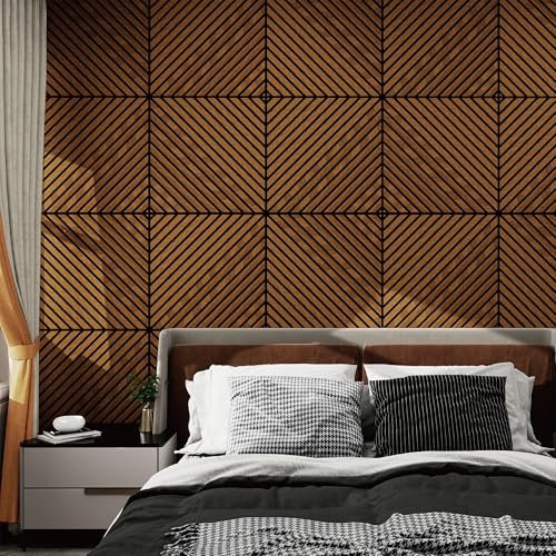 NEU.HOLZ Lot de 4 Panneaux Acoustiques Muraux et pour Plafond à Lamelles en Diagonale Isolation Sonore Style Scandinave Installation Facile Chambre Salon Studio MDF 1,44 m² 60 x 60 cm Teck