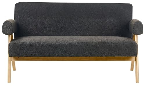 Beliani 2-Sitzer Sofa Bouclé schwarz mit Armlehnen Holzbeinen Hellbraun Retro Tamre