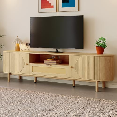 BTM Meuble TV Moderne avec Tiroirs en Rotin, Compartiments Ouverts, Plateau Arrondi, Pieds en Métal à Effet Bois, 180 Banc TV Table Salon, 175x36x41cm
