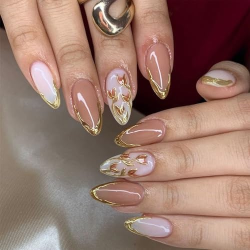 Evadollina Press On Nails, 24 Piece Stick-On Nails, Almond Nail Art with Gold Trim, Nail Tips, Fake Nails, Stick-On Fingernails, Fingernails, Fake Nails