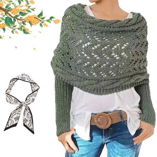 Gienslru Schal mit ärmeln Damen, Gestrickter Wickel Schal, Gestrickter Zopfmuster-Umhang, Sweater Wrap mit Ärmeln Knitted Cable Wrap, Schals & Tücher für Damen