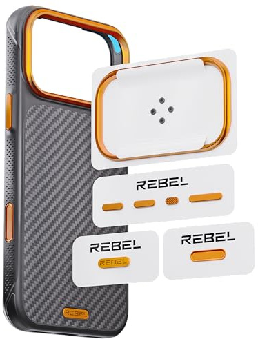 REBEL GEN7 Metal Components Upgrade Kit [CNC Aluminum Full Set] Lens Protector Ring, Camera Button, All Buttons & Logo Pack for iPhone 17 Pro Max (6.9-inch) GEN-7/FLEX17 Aramid Case (Ultra Orange)