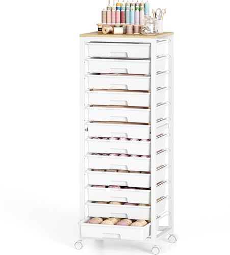 SYKIARIOL 12-Drawer Storage Trolley Rolling Cart with Wooden Top, White | Mobile Rolling Cart, Wooden Tabletop, Plastic Drawers, for Kids Room/Craft Room