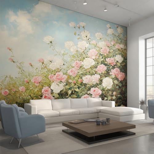 Générique Papier Peint Panoramique Rose Blanche Rose, Papier Peint Floral Peinture à l‘Huile 400x280 cm, Fresque Murale Intissé, Décoration Murale Salon Chambre