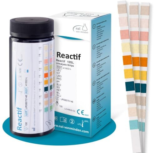 Reactif Urin Teststreifen 10 Parameter, 100 Stück, Blasenentzündung Test | Harnteststreifen für Harnwegsinfekt, Ketose, Diabetes, pH Wert, Glucose, Blut im Urin und Urin Test für zu Hause, Nitrit