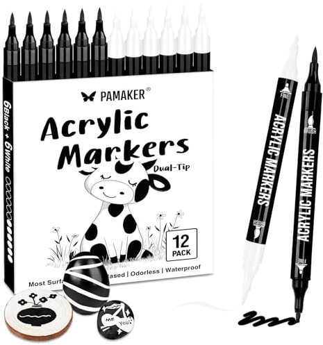 Acrylstifte Acryl Marker Set, 12er Schwarz-Weiß Set Dual Tip dünne & dicke | Kreatives für Erwachsene: Acrylstifte Weiß & Schwarz, Glasmalfarbe für Kunstwerke auf Stoff, Stein, Glas, Keramik & Muscheln