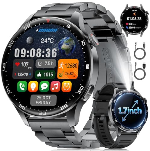 Smartwatch Herren 2026 mit Anruf, 1,7 Zoll HD Großdisplay Smart Watch mit 800mAh Akku, LED-Licht, Herz-/Schlaftracking, 100+ Sportmodi Fitnessuhr IP68 Wasserdicht für iOS Android, 2 Armbändern Schwarz