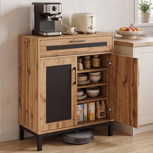 COSTWAY Storage Cabinet, Wooden Buffet Sideboard with Drawer, Doors, Removable Shelves and Metal Legs, Freestanding Cupboard for Kitchen Dining Living Room (2 Doors, 80 × 40.5 × 94.5cm)