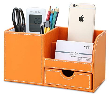 KINGFOM Büro Schreibtisch Organizer Ordnungssystem 4 Speicherabteil PU Leder Stiftebox Stifteköcher Bürobedarf (Orange)