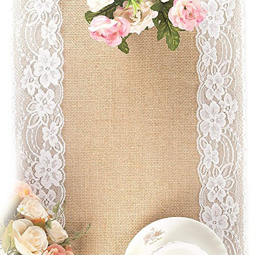 Tebery 2 Stück 275x30cm Tischläufer Jute mit Spitze, 12“x108“ Natural Hessian Burlap Tischläufer für Land Outdoor Hochzeit Party und Bauernhof Dekoration