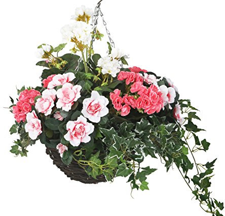 Closer2Nature - Artificial Pink and White Azalea and Geranium Display in a 12 Round Willow Hanging Basket, Faux Flowers Decoration for Vibrant Outdoor Foliage