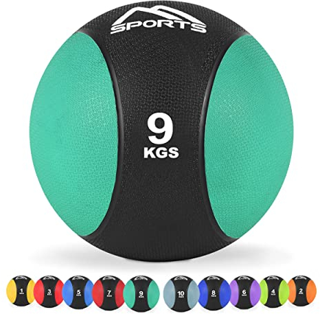 MSPORTS Medizinball 1 – 10 kg – Professionelle Studio-Qualität inkl. Übungsposter Gymnastikbälle (9 kg - Smaragdgrün)