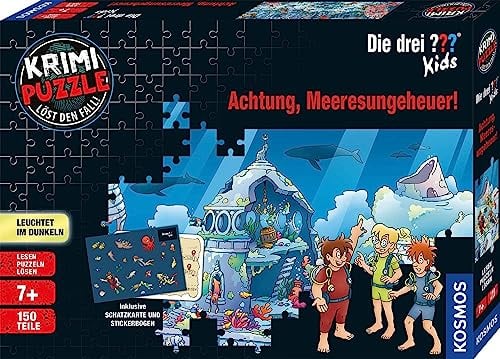 Die drei ??? Kids - Krimi Puzzle - Achtung, Meeresungeheuer von KOSMOS 680664, 150 Teile, Leuchtet im Dunkeln, Lesen, Puzzeln, Rätsel lösen, Detektiv Puzzle für Kinder ab 7 Jahre