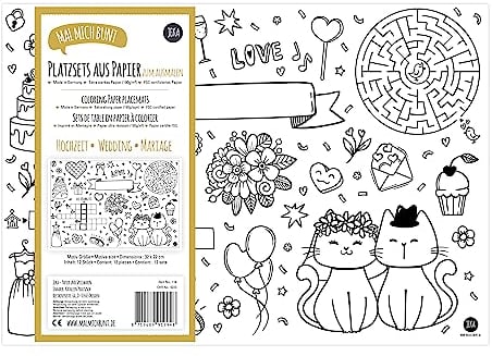 12 Hochzeit Platzsets zum Ausmalen, Kinderbeschäftigung und Mitgebsel, Mal Mich Bunt