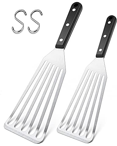 Fish Spatula, Herogo 2 Pieces Stainless Steel Fish Turner with ABS Solid Handle, Metal Slotted Spatula Turner for Flipping, Frying and Grilling, Attached S Hooks, Dishwasher Safe (11inch & 12.5inch)