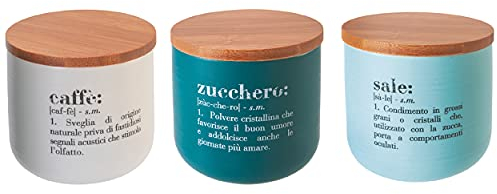 Villa d'Este Home Tivoli Victionary Shades Set 3 barattoli 500 ml in bone China con coperchio in bamboo, multicolore, Misure: Ø 9,5 x h. 9,5 cm