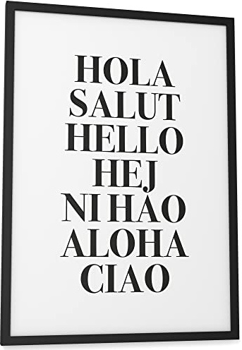 Papierschmiede® Typografie Poster, 30x40 cm, Wanddeko Wohnzimmer, Schlafzimmer, Küche, schwarz-weiß Bild mit Spruch OHNE Rahmen, Hola Salut Hello Ciao