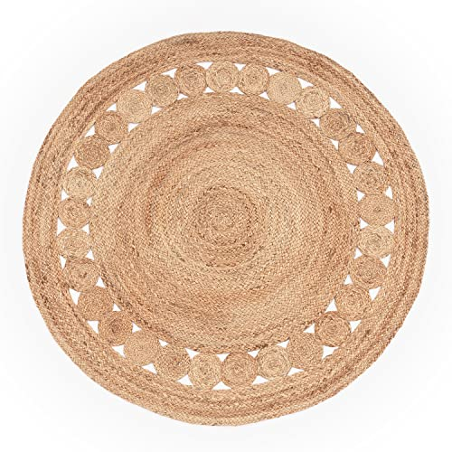Paco Home Teppich Rund Wohnzimmer Jute Boho Ethno Muster Modern Handgefertigt Naturteppich, Grösse:120 cm Rund, Farbe:Natur