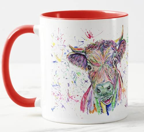 Vixar Dexter Tasse colorée en forme de vache avec aquarelle - Cadeau d'anniversaire, de travail, de bureau, de Noël (rouge)