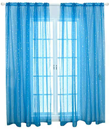 SEWACC Sheer Vorhänge Silber Glitter Sterne Sheer Fenstervorhänge Tülle Semi Transparent Fenster Vorhang Eleganter Vorhang Panel Set für Schlafzimmer Wohnzimmer (100 * 200 cm Blau)